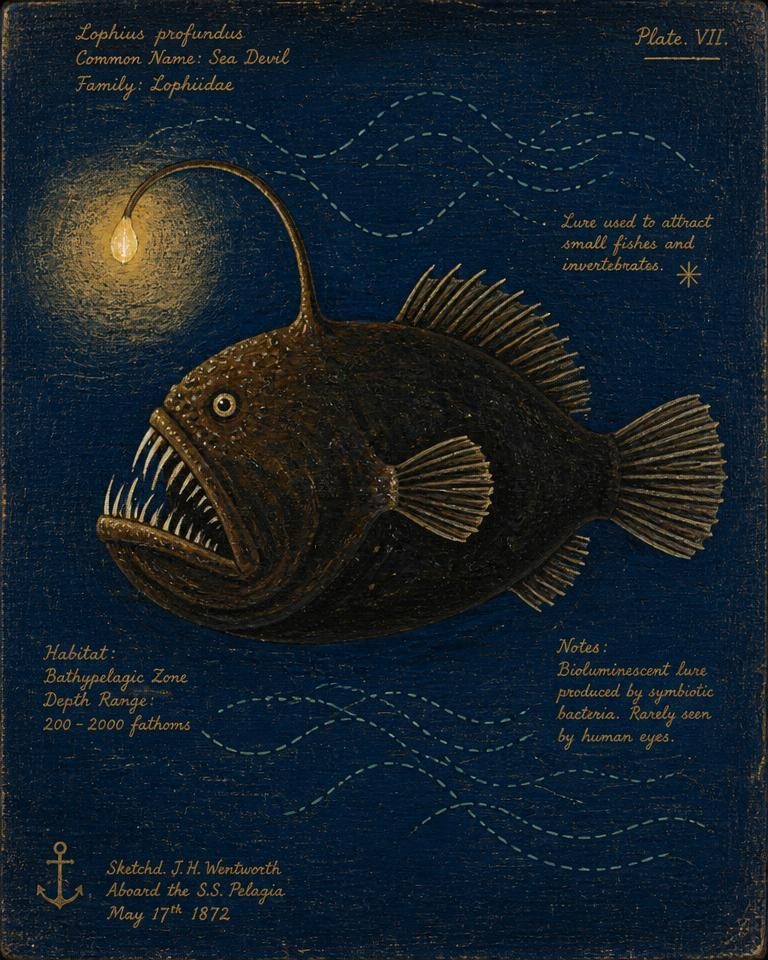 Painted specimen portrait of a deep-sea anglerfish with a glowing lure