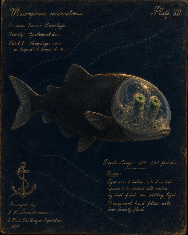 Painted specimen portrait of a barreleye fish with upward-facing tubular eyes