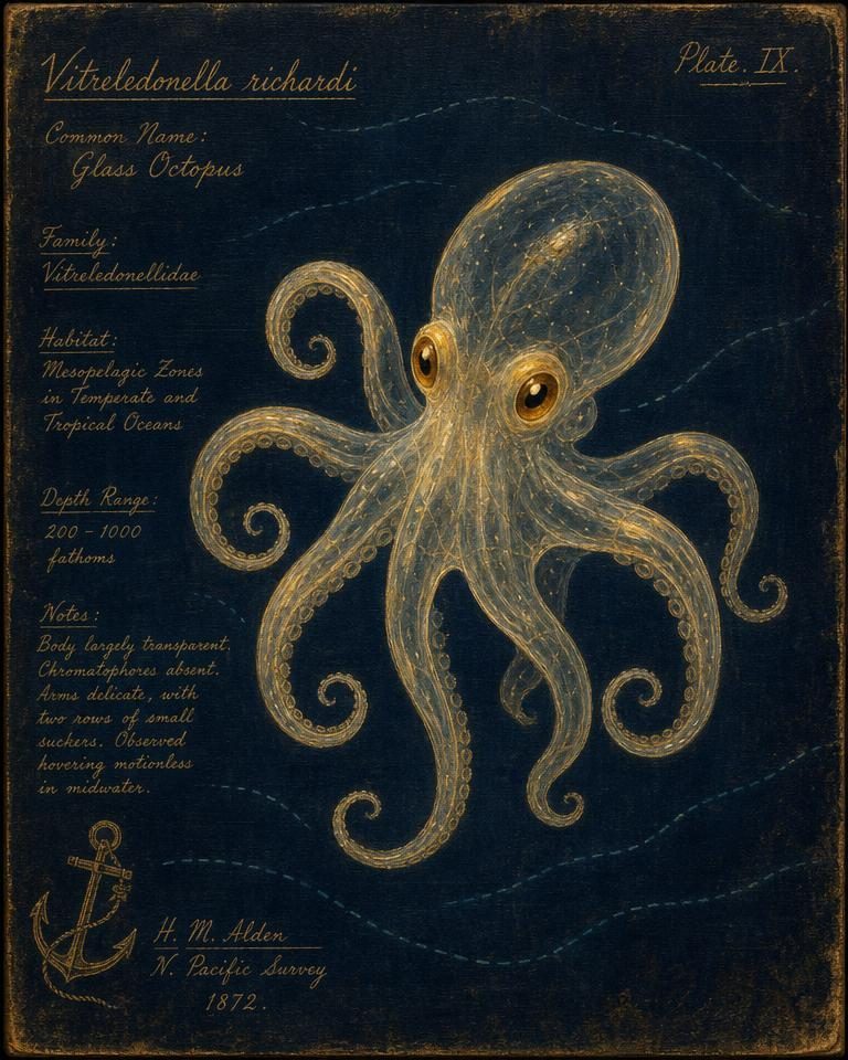 Painted specimen portrait of a translucent glass octopus with faintly glowing eyes