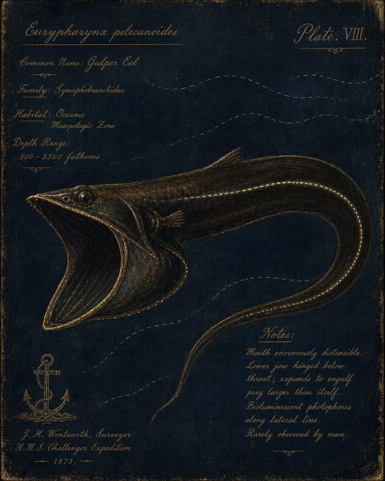 Painted specimen portrait of a gulper eel with an enormous hinged jaw