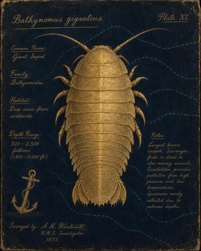 Painted specimen portrait of a spiny armored deep-sea isopod on the seabed