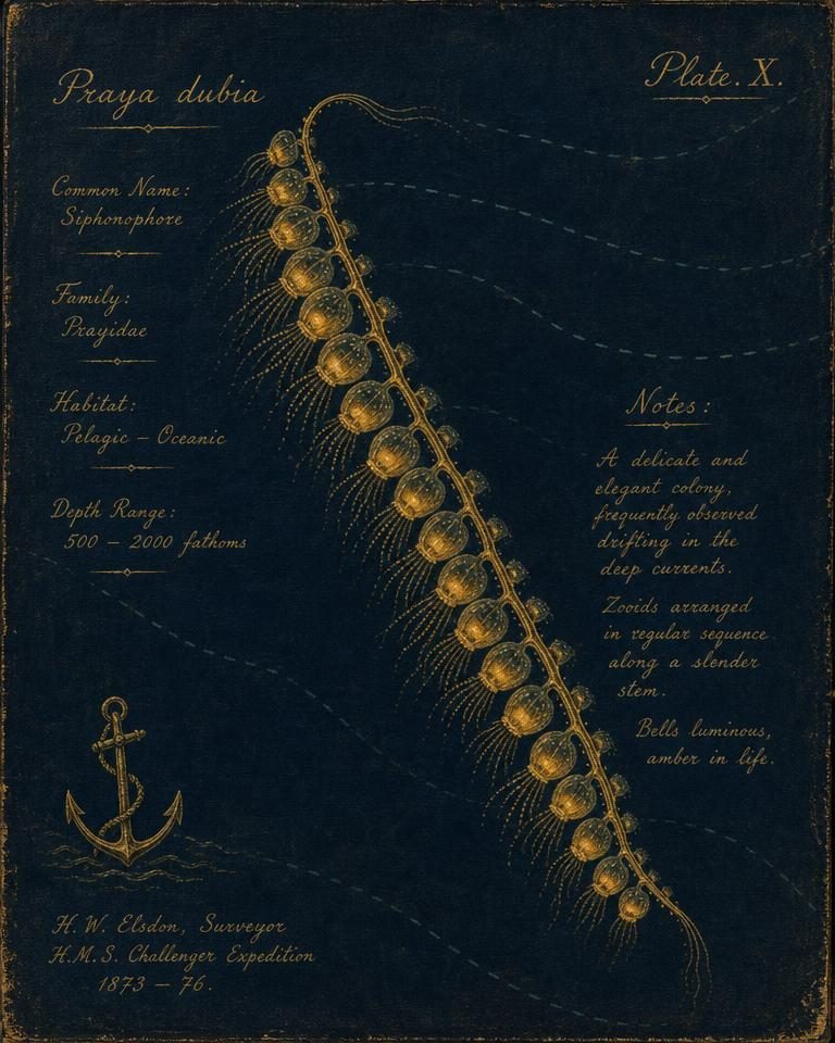 Painted specimen portrait of a long chain-like siphonophore colony with glowing bells