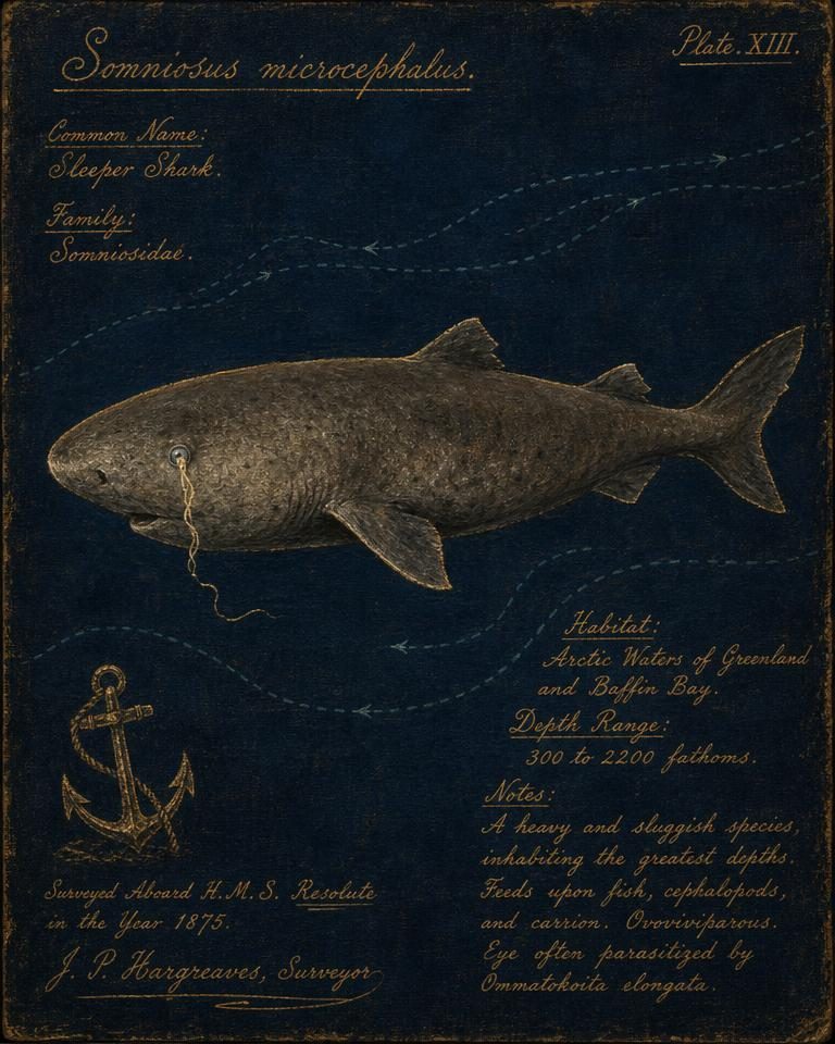 Painted specimen portrait of a pale deep-sea shark gliding through dark water