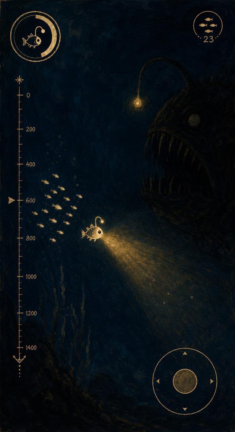 Painted gameplay frame: a lanternfish host descending past ochre rock