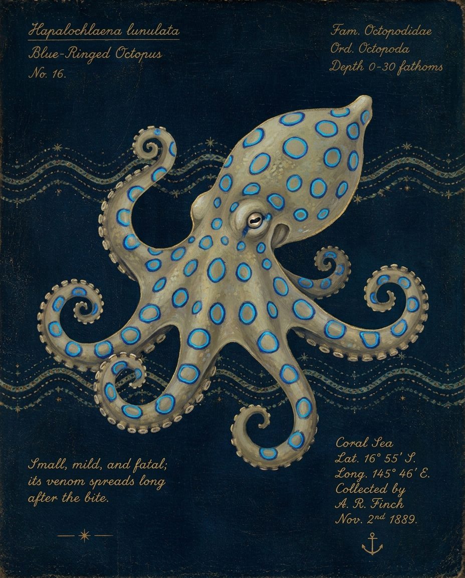 Painted specimen plate of a blue-ringed octopus with glowing rings