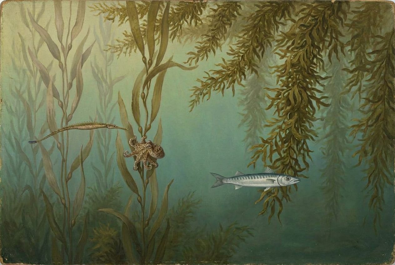 Painted plate of the Sargasso Meadow, seen side-on beneath the surface