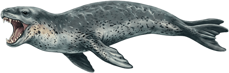 Painted specimen plate of a leopard seal, jaws open, submerged in side profile