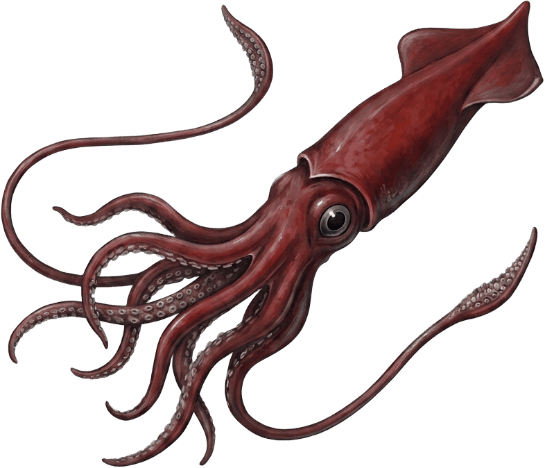 Painted specimen plate of a colossal squid, arms and hooked tentacles trailing in black water