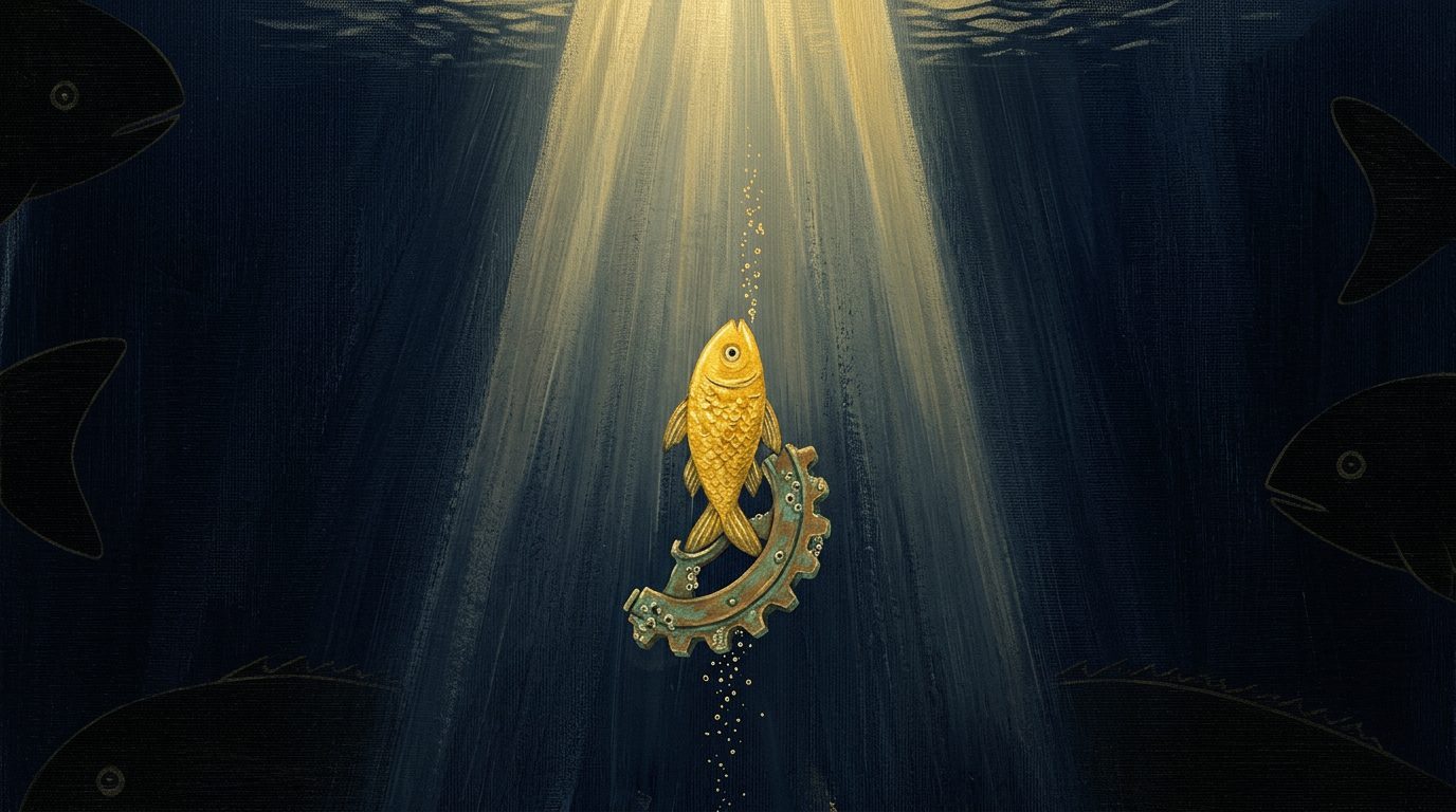 A golden host rising through a sunlit column of water, a barnacled drive fragment held beneath it